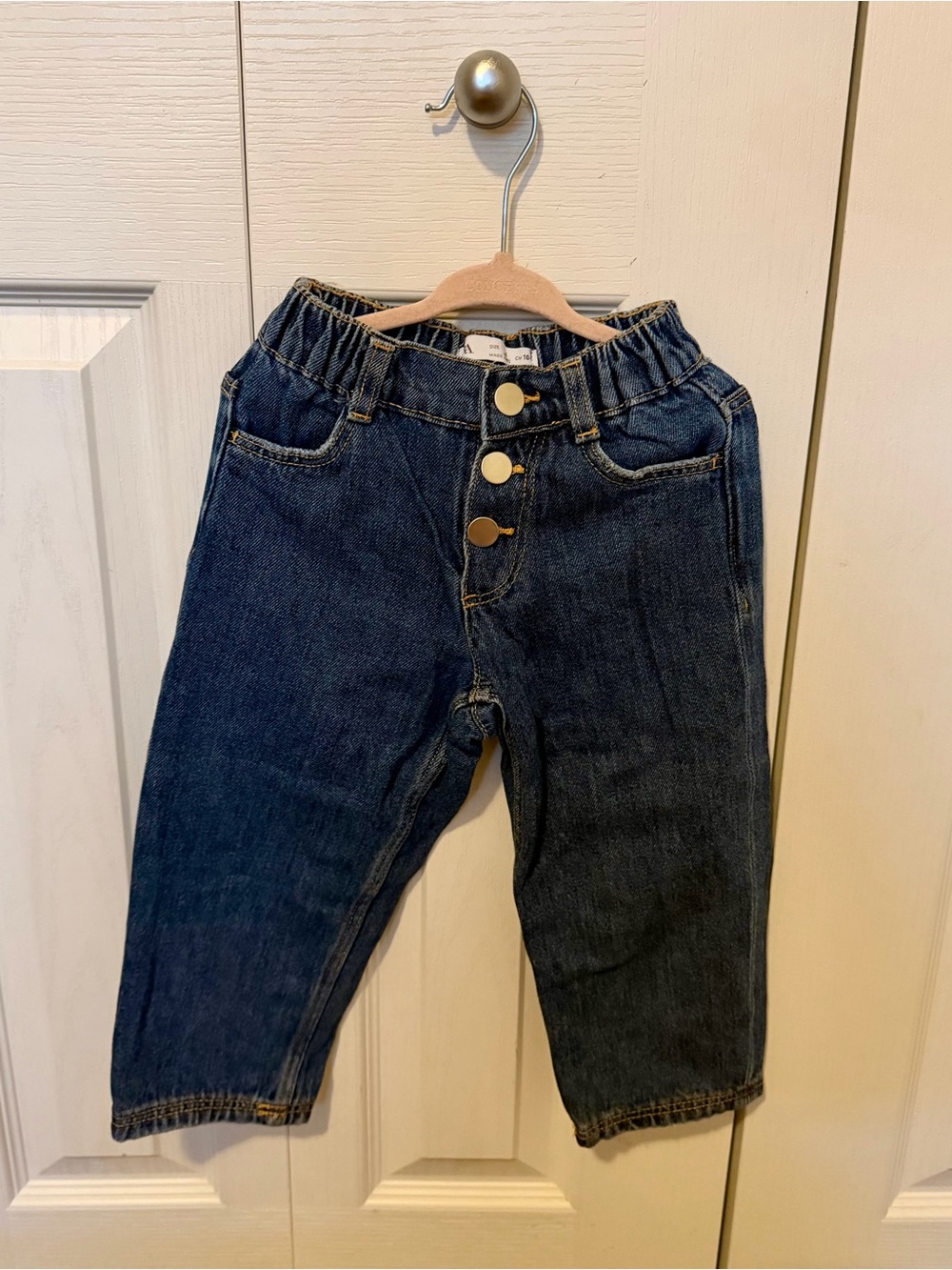 Zara Dark Blue Elastic-Waist Button-Front Mom Jeans